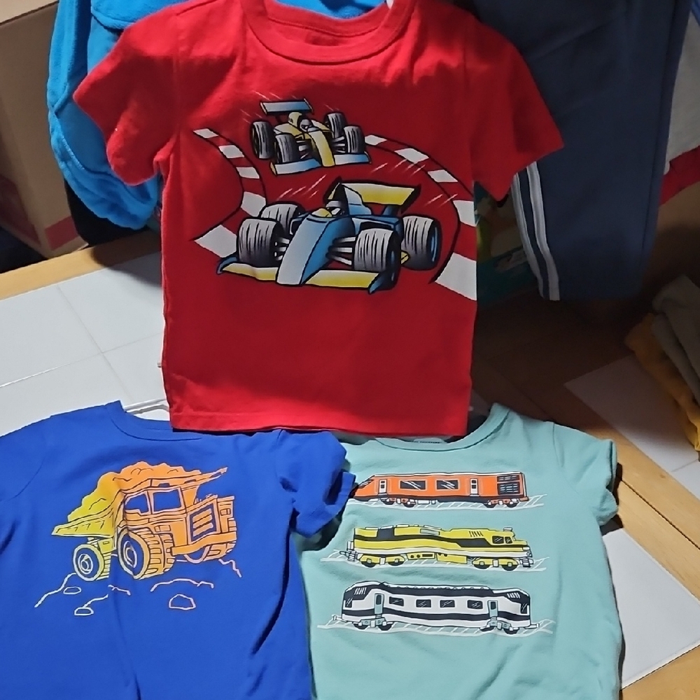 Kids Racing, Train and Construction Themed T-Shirts Set- Red, Blue, Light Blue